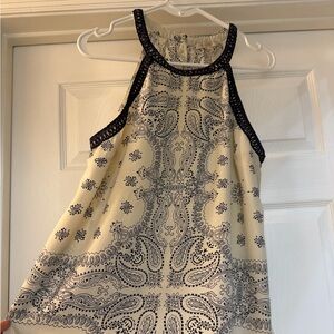 Skies Are Blue Cream Halter Blouse with Navy Paisley Print